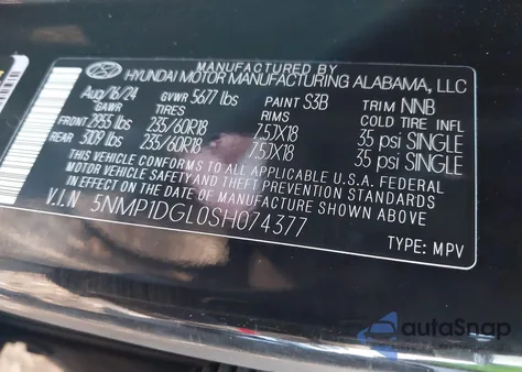 2025 Hyundai Santa Fe Se from USA, damaged, VIN 5NMP1DGL0SH074377